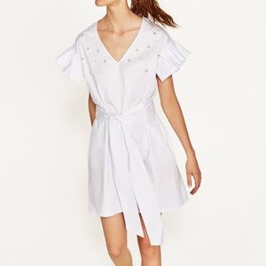 Zara white Pearl poplin flutter flounce sleeve dress tie waist S